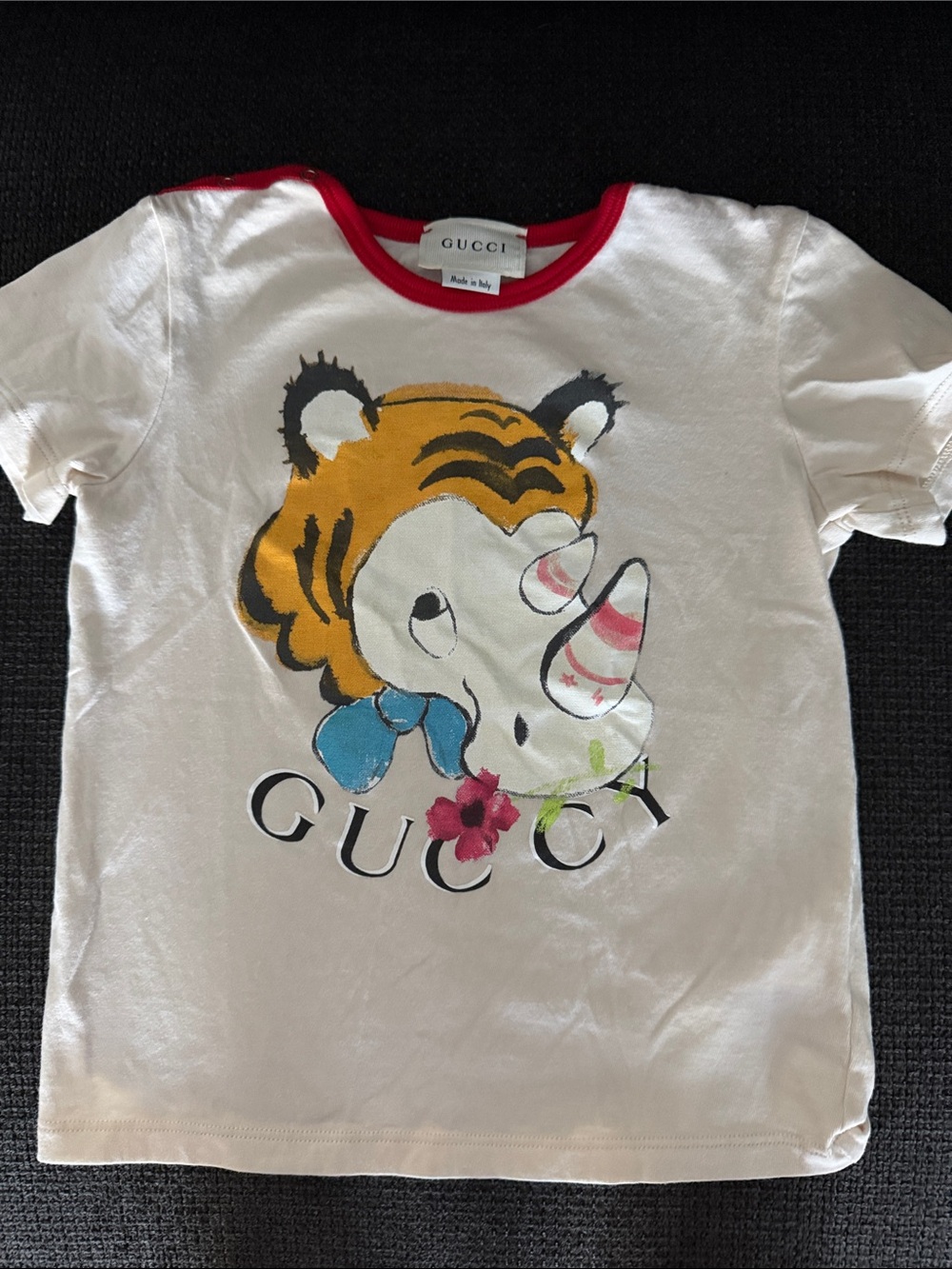Gucci Kids White Tee with Red Trim and Multicolor Animal Graphic